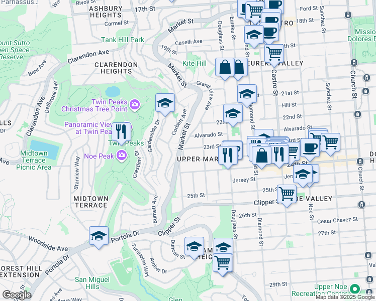 map of restaurants, bars, coffee shops, grocery stores, and more near 970 Elizabeth Street in San Francisco