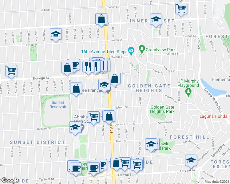map of restaurants, bars, coffee shops, grocery stores, and more near 1918 18th Avenue in San Francisco