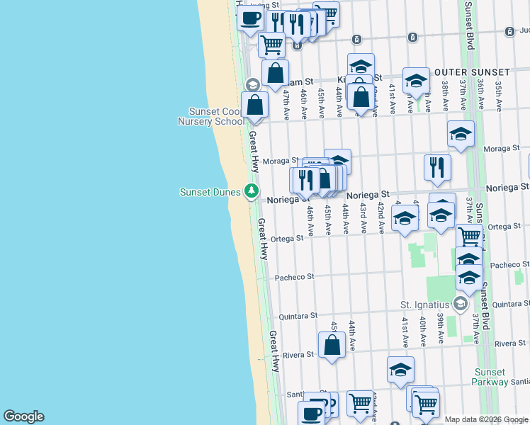 map of restaurants, bars, coffee shops, grocery stores, and more near 1846 Great Highway in San Francisco