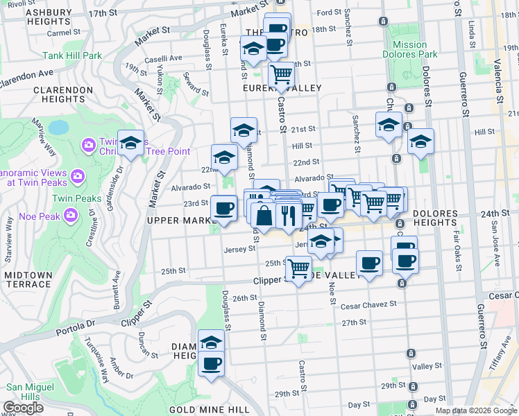 map of restaurants, bars, coffee shops, grocery stores, and more near 690A Elizabeth Street in San Francisco