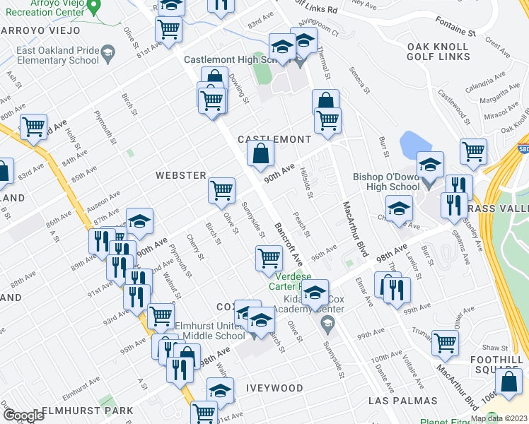 map of restaurants, bars, coffee shops, grocery stores, and more near 9201 Bancroft Avenue in Oakland