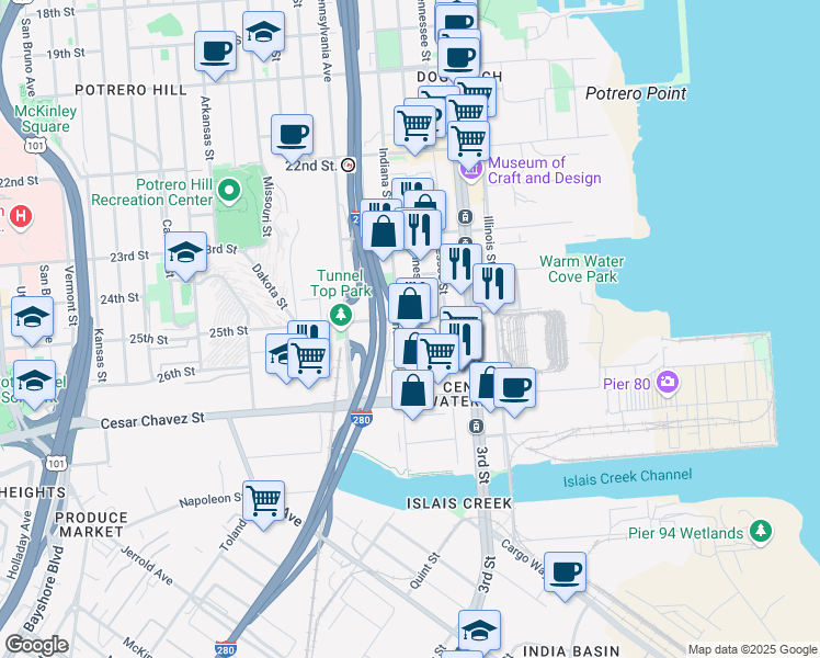 map of restaurants, bars, coffee shops, grocery stores, and more near 1405 Minnesota Street in San Francisco