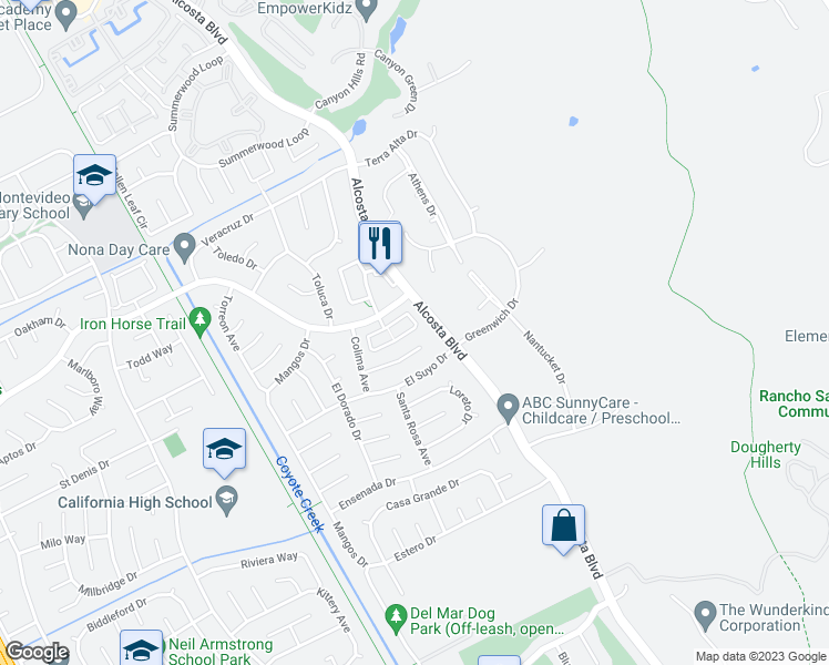 map of restaurants, bars, coffee shops, grocery stores, and more near 362 Meadowood Circle in San Ramon