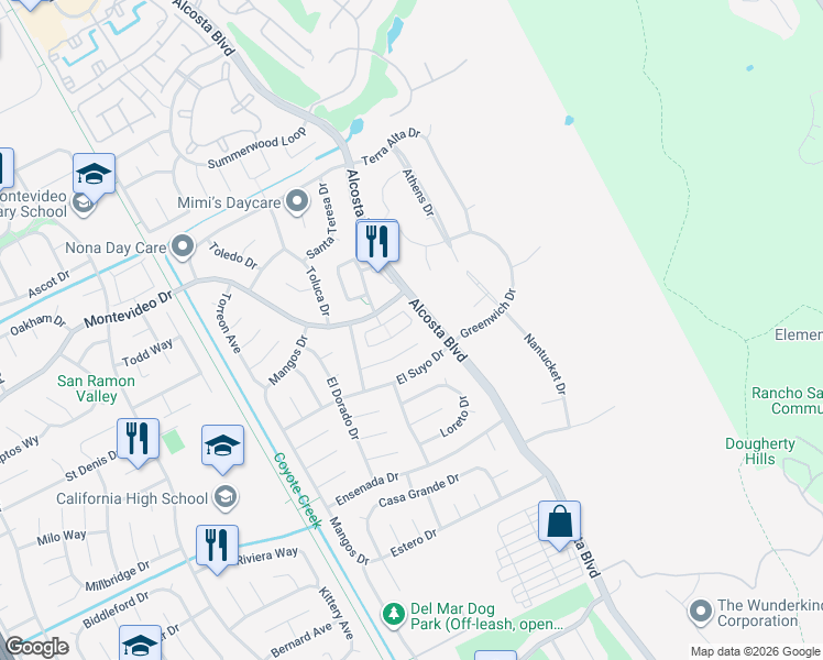 map of restaurants, bars, coffee shops, grocery stores, and more near 362 Meadowood Circle in San Ramon
