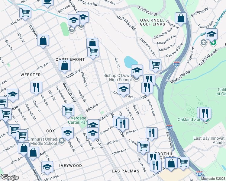 map of restaurants, bars, coffee shops, grocery stores, and more near 9524 Thermal Street in Oakland