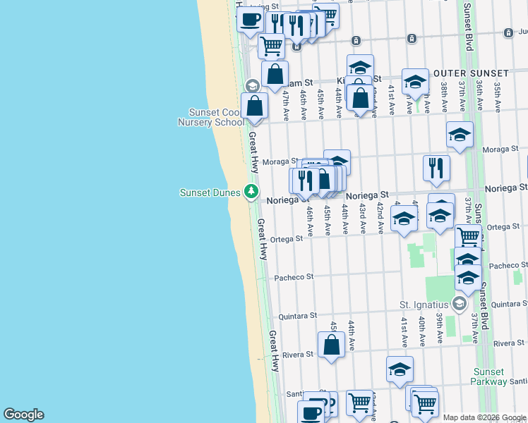 map of restaurants, bars, coffee shops, grocery stores, and more near 1846 Great Highway in San Francisco
