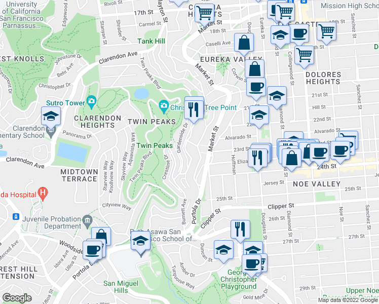 map of restaurants, bars, coffee shops, grocery stores, and more near 545 Burnett Avenue in San Francisco
