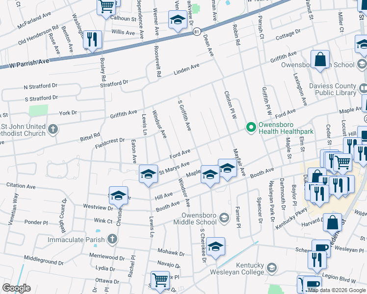 map of restaurants, bars, coffee shops, grocery stores, and more near 1412-1420 Ford Ave in Owensboro