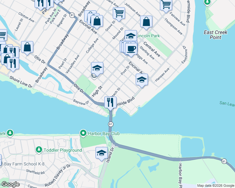 map of restaurants, bars, coffee shops, grocery stores, and more near 3265 Fillmore Street in Alameda