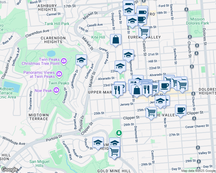 map of restaurants, bars, coffee shops, grocery stores, and more near 4365 23rd Street in San Francisco
