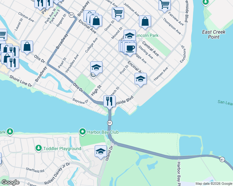 map of restaurants, bars, coffee shops, grocery stores, and more near 3265 Fillmore Street in Alameda