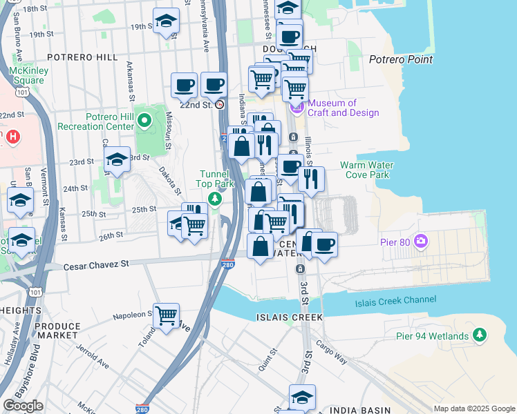 map of restaurants, bars, coffee shops, grocery stores, and more near 1405 Minnesota Street in San Francisco