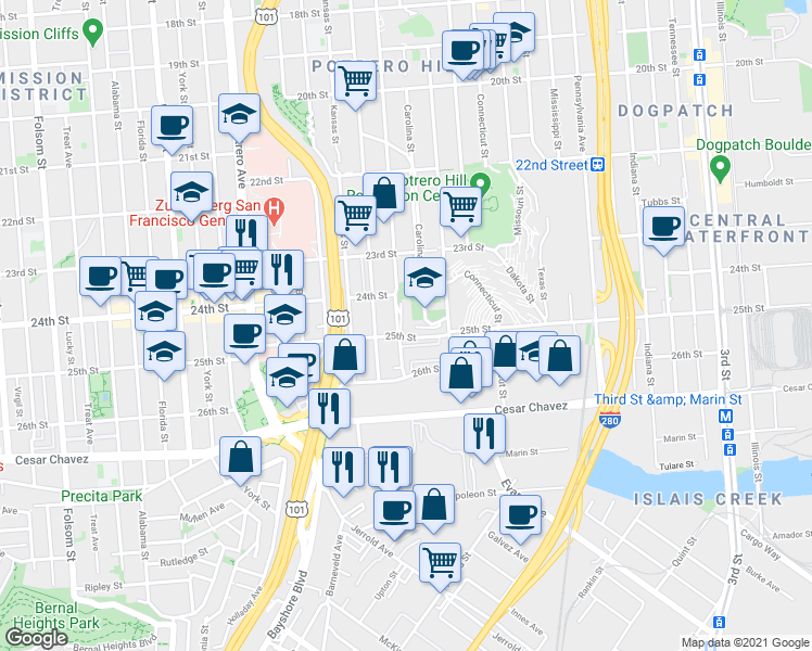 map of restaurants, bars, coffee shops, grocery stores, and more near 76 Littlefield Terrace in San Francisco