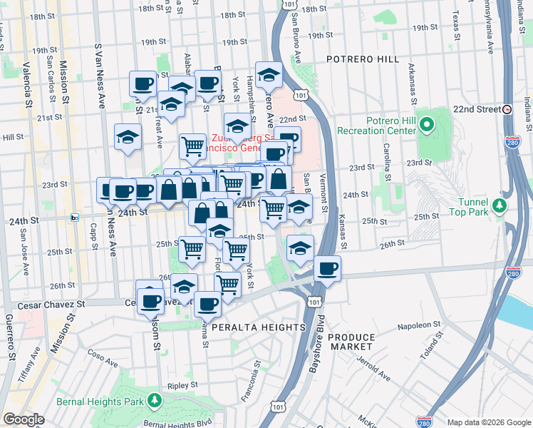 map of restaurants, bars, coffee shops, grocery stores, and more near 1264 Hampshire Street in San Francisco