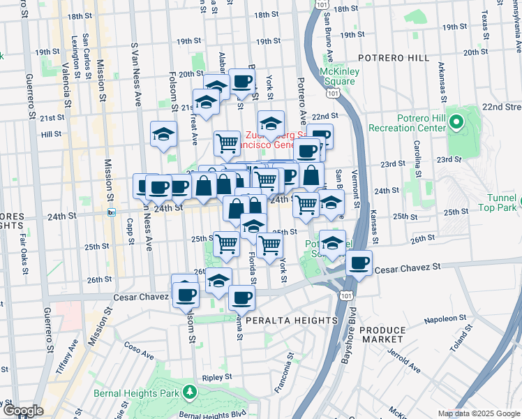 map of restaurants, bars, coffee shops, grocery stores, and more near 2647 Bryant Street in San Francisco