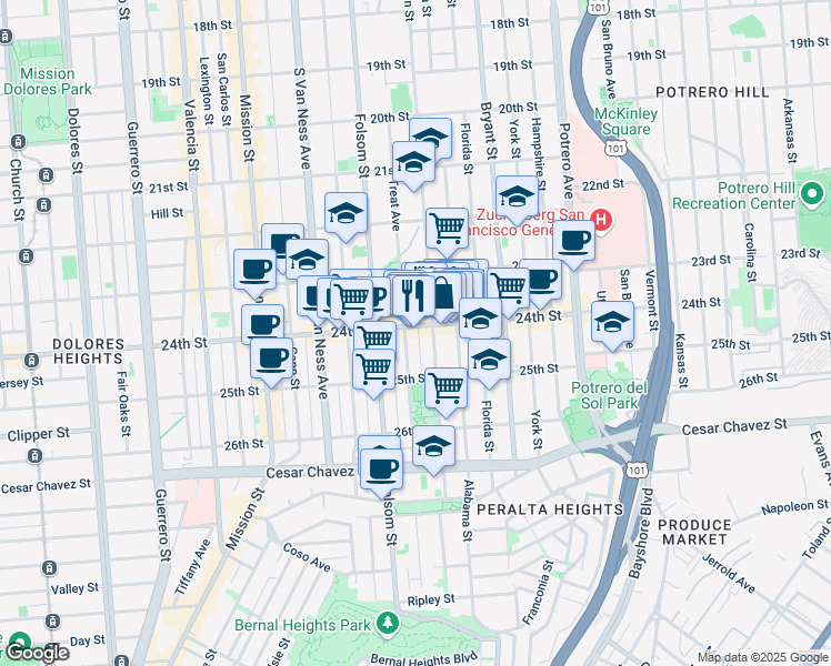 map of restaurants, bars, coffee shops, grocery stores, and more near in San Francisco