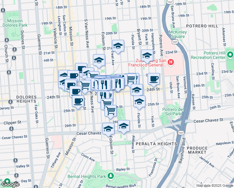 map of restaurants, bars, coffee shops, grocery stores, and more near in San Francisco