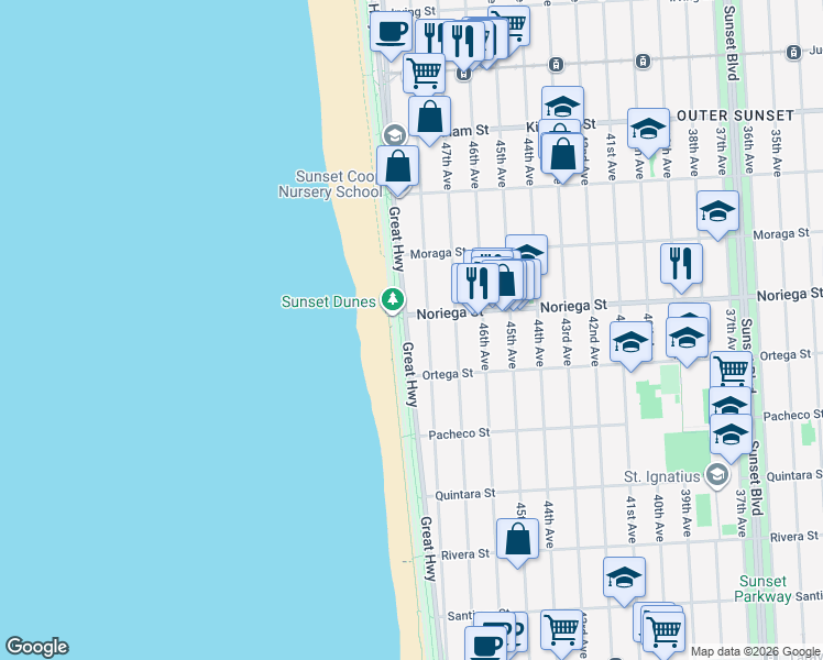 map of restaurants, bars, coffee shops, grocery stores, and more near 1846 Great Highway in San Francisco
