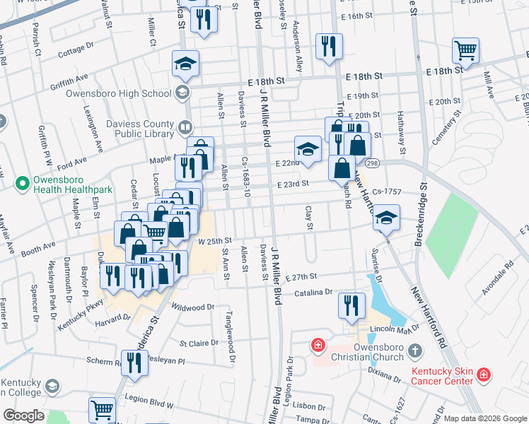 map of restaurants, bars, coffee shops, grocery stores, and more near 2420 Daviess Street in Owensboro