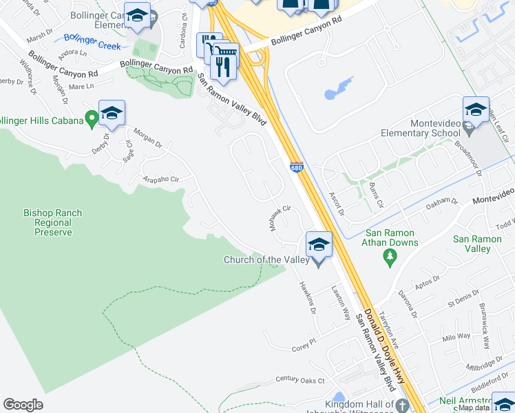 map of restaurants, bars, coffee shops, grocery stores, and more near 3024 Sombrero Circle in San Ramon