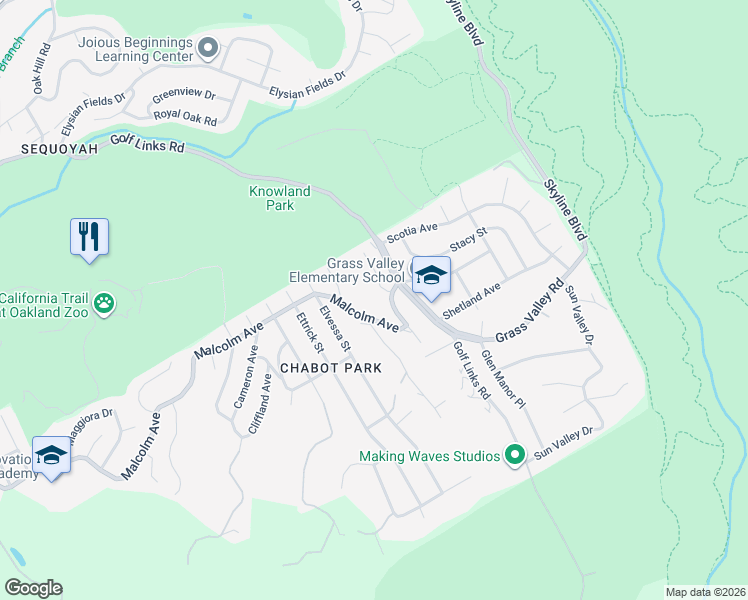 map of restaurants, bars, coffee shops, grocery stores, and more near 10838 Monan Street in Oakland