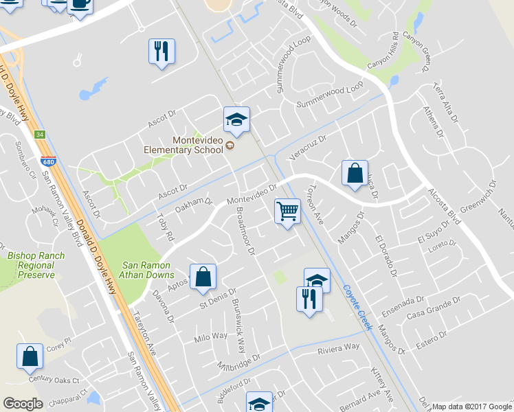 map of restaurants, bars, coffee shops, grocery stores, and more near 410 Kevin Court in San Ramon