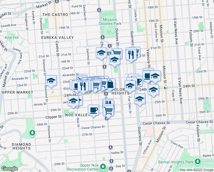 map of restaurants, bars, coffee shops, grocery stores, and more near 1151 Church Street in San Francisco