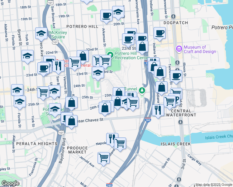 map of restaurants, bars, coffee shops, grocery stores, and more near 1095 Connecticut Street in San Francisco
