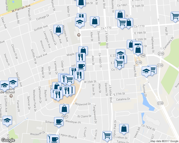 map of restaurants, bars, coffee shops, grocery stores, and more near Saint Ann Street in Owensboro