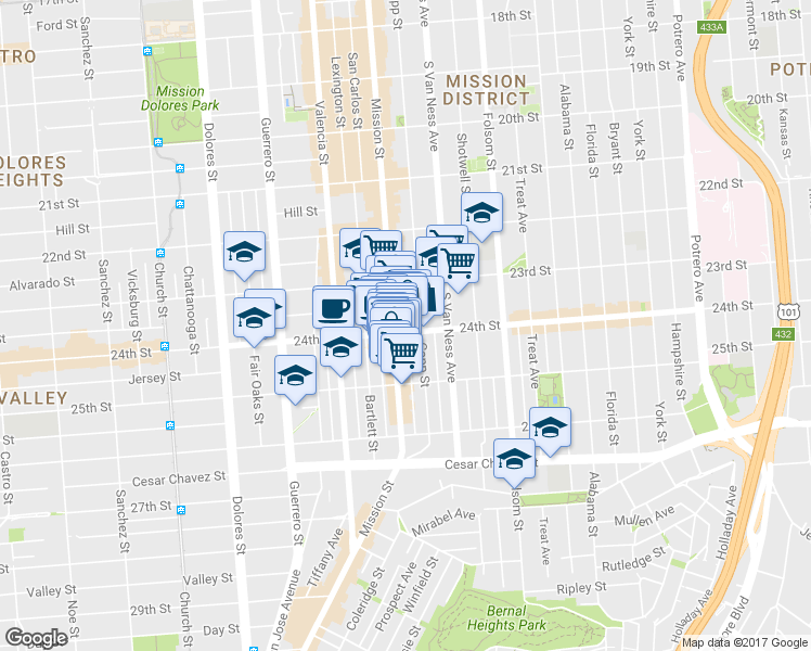 map of restaurants, bars, coffee shops, grocery stores, and more near 3278-3280 24th Street in San Francisco