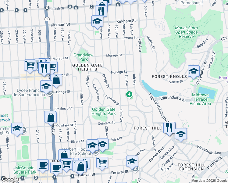 map of restaurants, bars, coffee shops, grocery stores, and more near 1950 11th Avenue in San Francisco