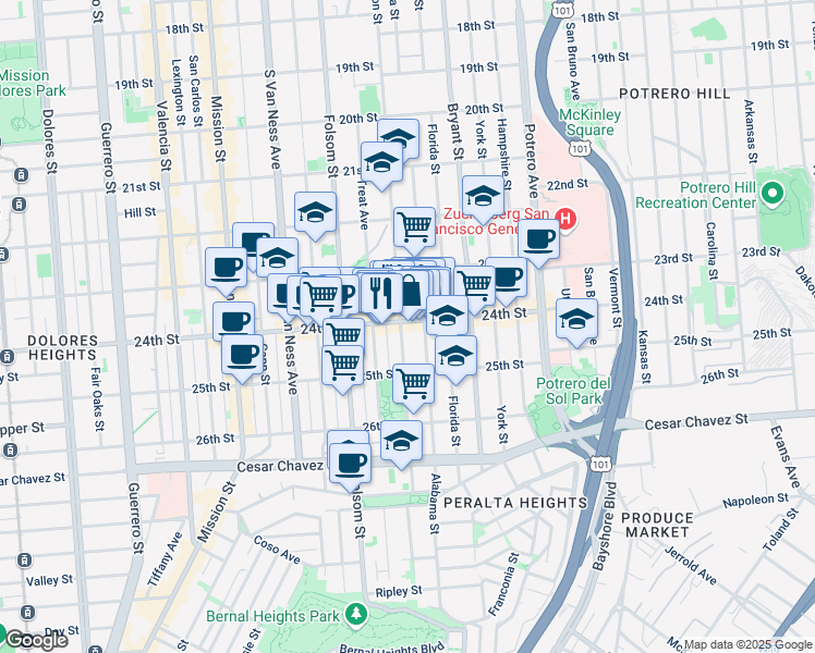 map of restaurants, bars, coffee shops, grocery stores, and more near 2987 24th Street in San Francisco