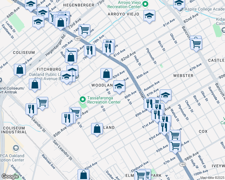 map of restaurants, bars, coffee shops, grocery stores, and more near 8411 B Street in Oakland