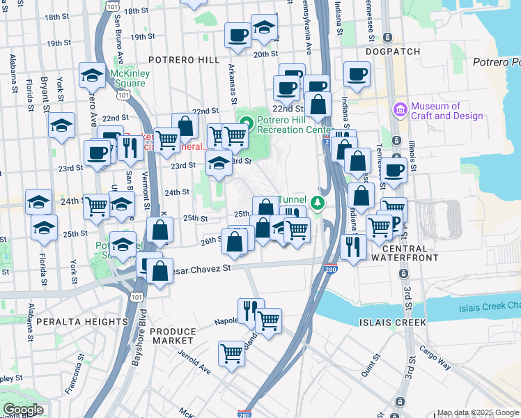 map of restaurants, bars, coffee shops, grocery stores, and more near 1829 25th Street in San Francisco