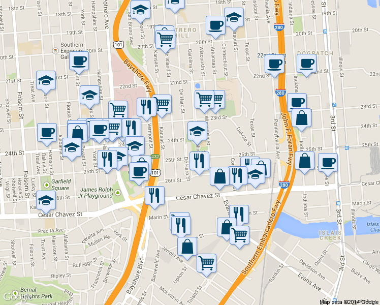 map of restaurants, bars, coffee shops, grocery stores, and more near 76 Littlefield Terrace in San Francisco