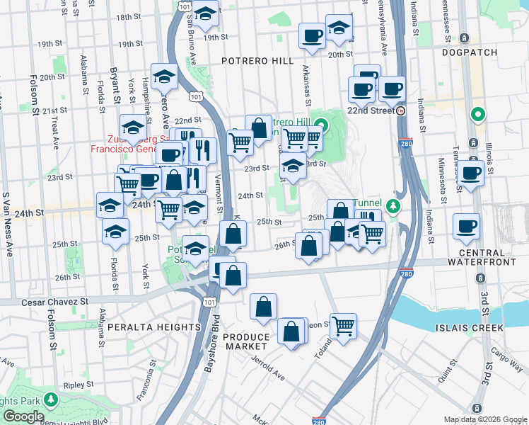 map of restaurants, bars, coffee shops, grocery stores, and more near 76 Littlefield Terrace in San Francisco