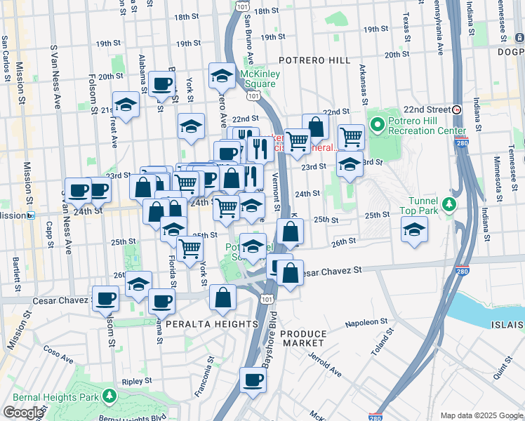 map of restaurants, bars, coffee shops, grocery stores, and more near in San Francisco