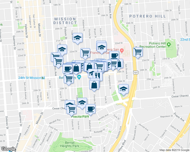map of restaurants, bars, coffee shops, grocery stores, and more near 2647 Bryant Street in San Francisco