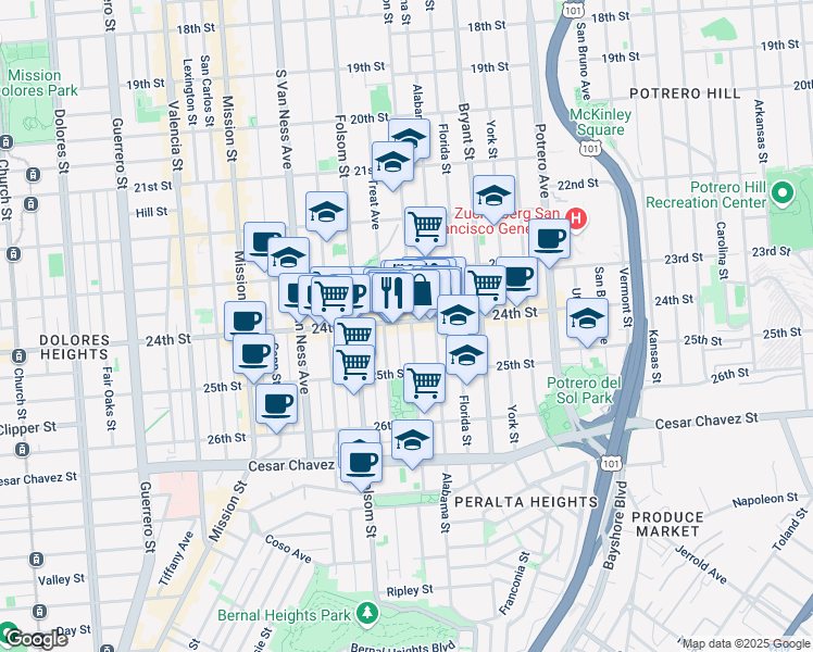 map of restaurants, bars, coffee shops, grocery stores, and more near in San Francisco