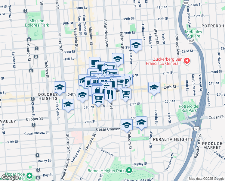 map of restaurants, bars, coffee shops, grocery stores, and more near 1316 South Van Ness Avenue in San Francisco
