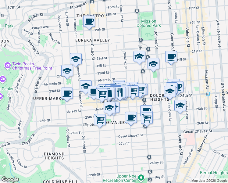 map of restaurants, bars, coffee shops, grocery stores, and more near 485 Elizabeth Street in San Francisco