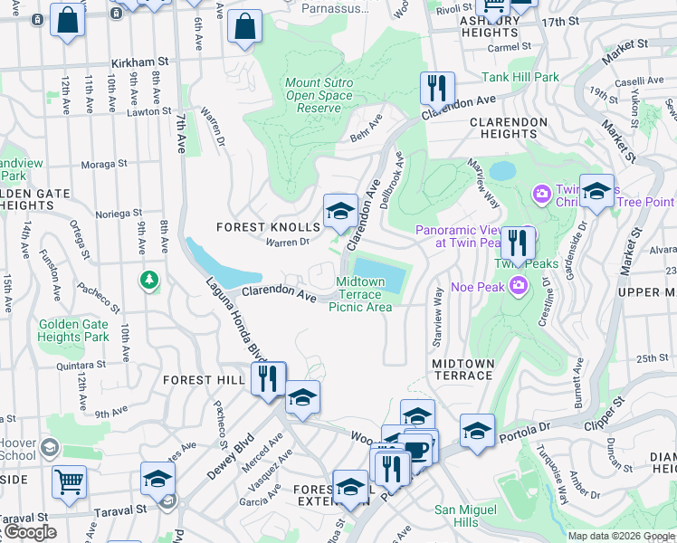 map of restaurants, bars, coffee shops, grocery stores, and more near 119 Galewood Circle in San Francisco