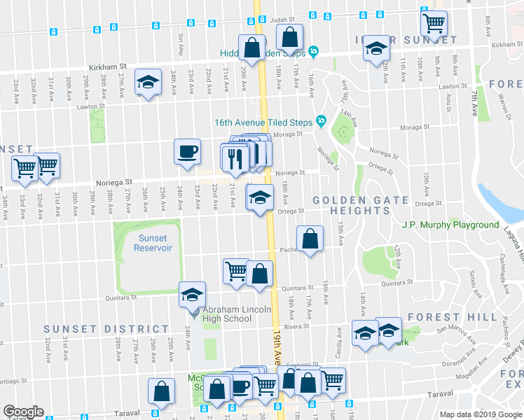 map of restaurants, bars, coffee shops, grocery stores, and more near 1201 Ortega Street in San Francisco
