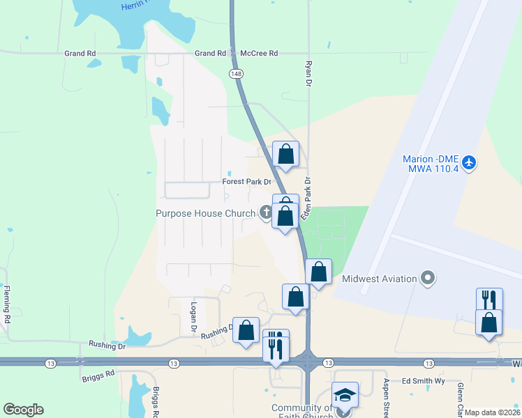 map of restaurants, bars, coffee shops, grocery stores, and more near 119A Lou Ann Drive in Herrin