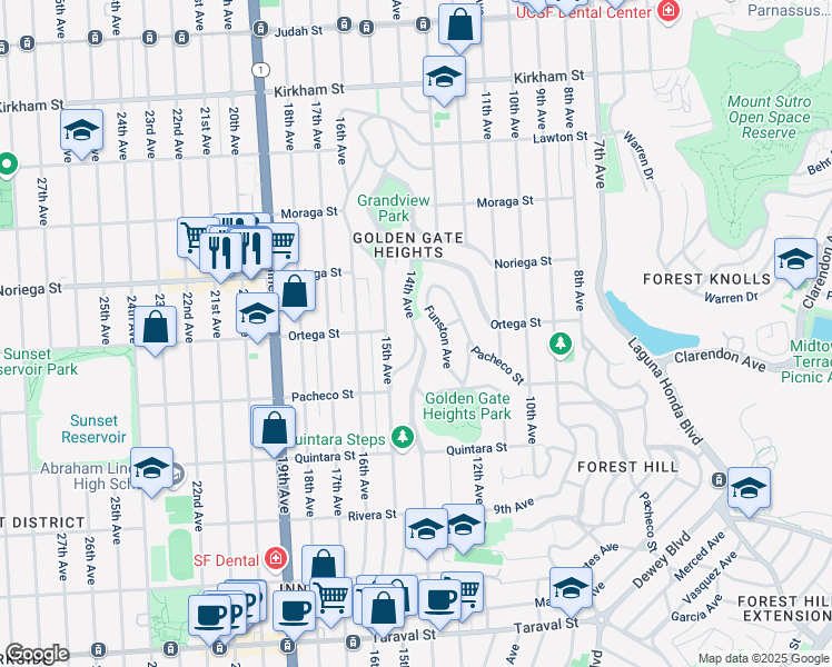 map of restaurants, bars, coffee shops, grocery stores, and more near 14th Avenue & Pacheco Street in San Francisco