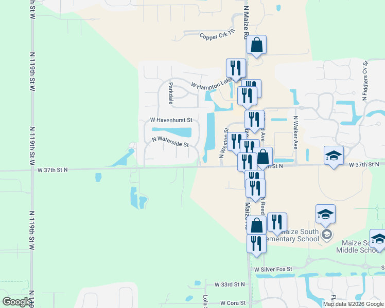 map of restaurants, bars, coffee shops, grocery stores, and more near North Manchester Street in Wichita