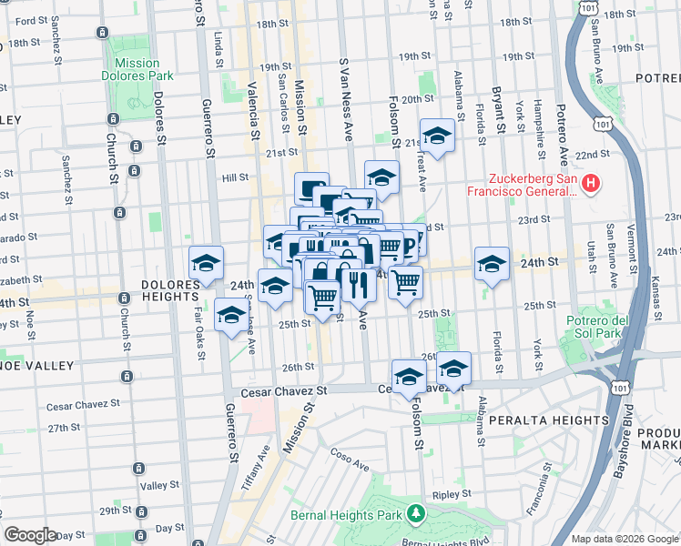 map of restaurants, bars, coffee shops, grocery stores, and more near 899 Capp Street in San Francisco