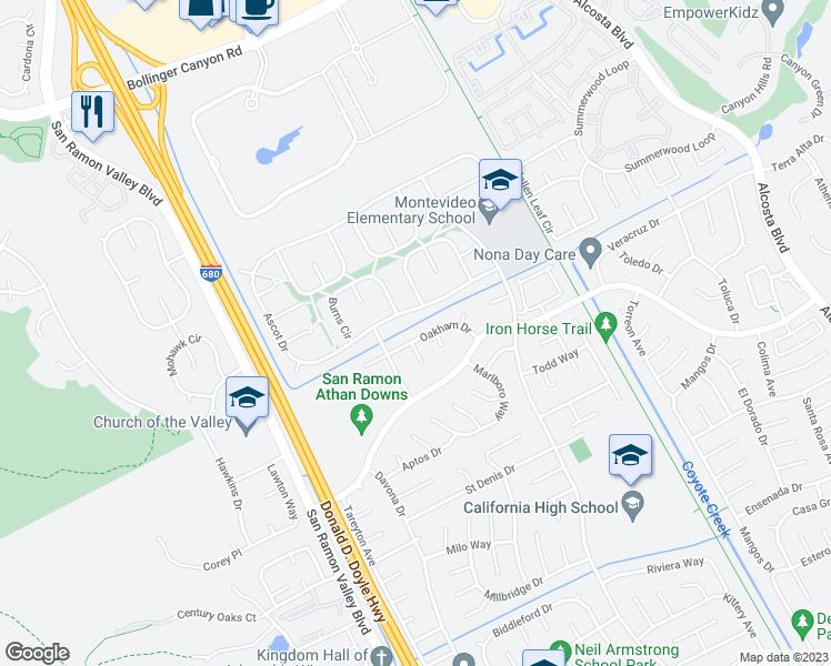 map of restaurants, bars, coffee shops, grocery stores, and more near 3009 Oakham Drive in San Ramon