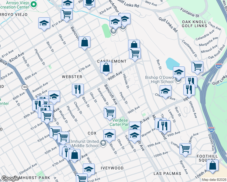 map of restaurants, bars, coffee shops, grocery stores, and more near 9220 Bancroft Avenue in Oakland