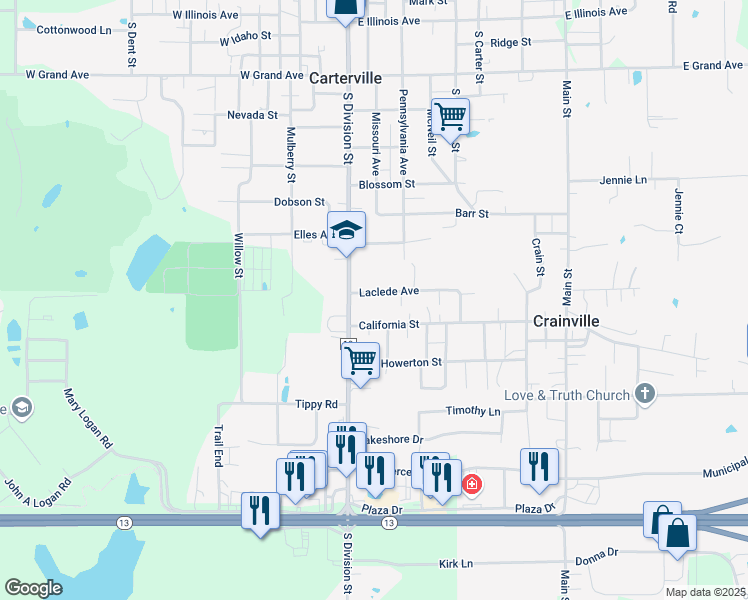 map of restaurants, bars, coffee shops, grocery stores, and more near 147 South Jackson Street in Carterville